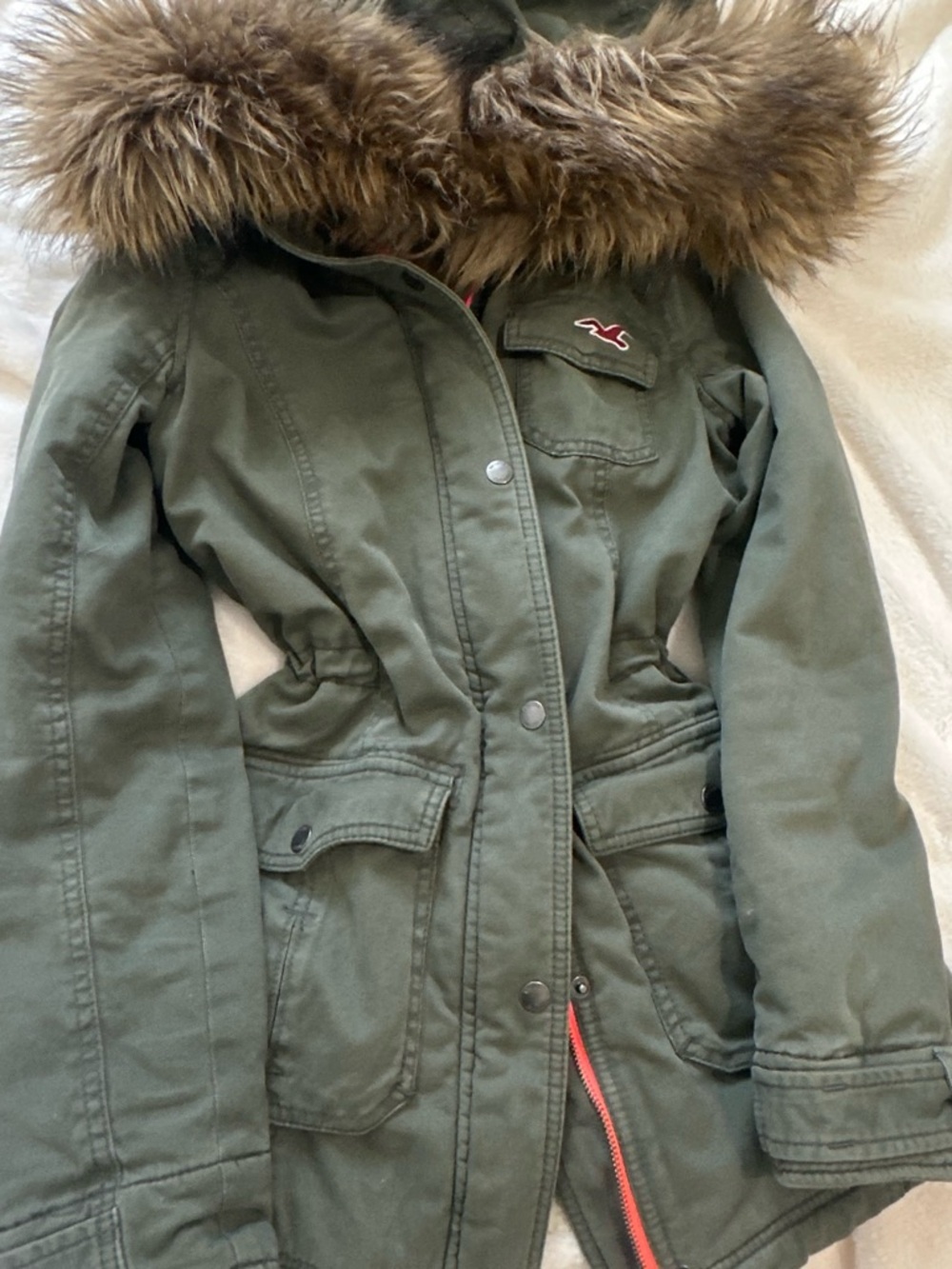 Hollister Women's Olive Green Parka Jacket with Faux Fur Hood